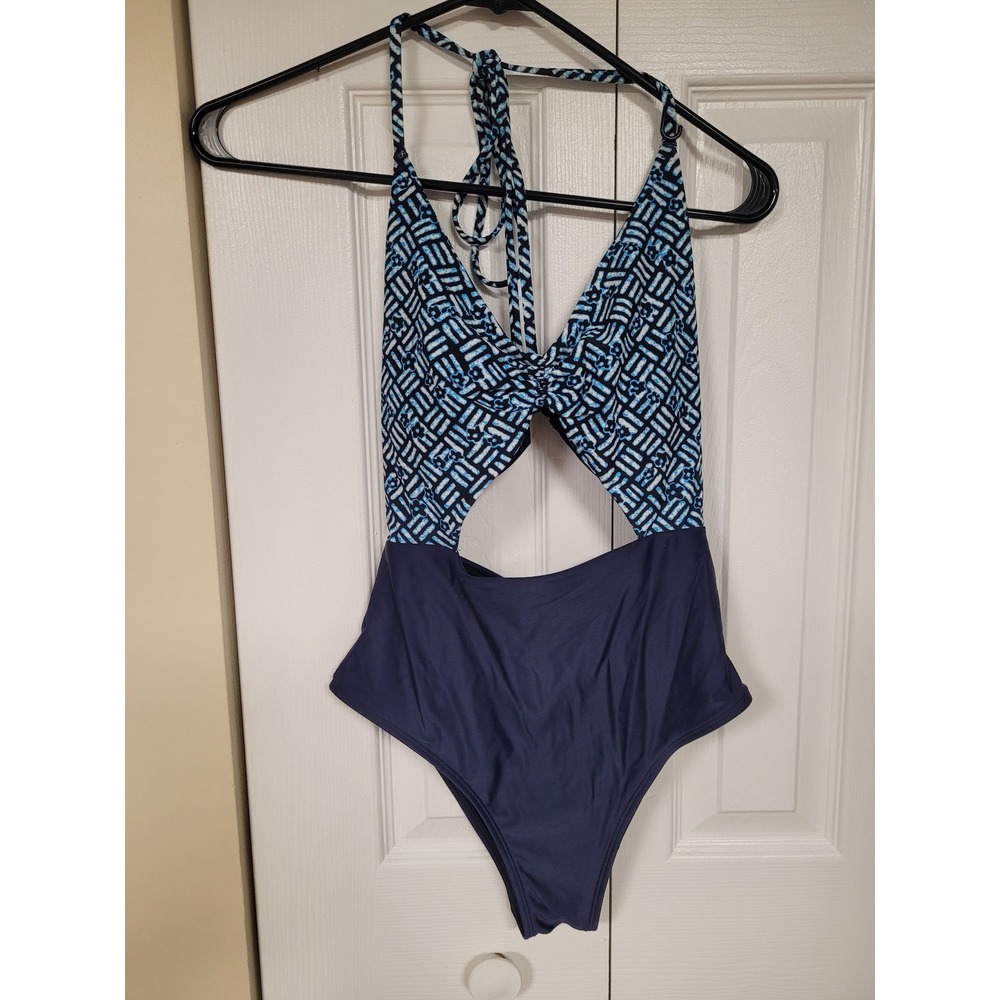 Aerie Womens Blue Grecian Cutout Tropical Breezy Halter 1 Piece Swimsuit Size S